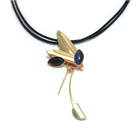 Navy Blue Catsite Shiny Yellow Gold on Black Leather Necklace - Click Image to Close